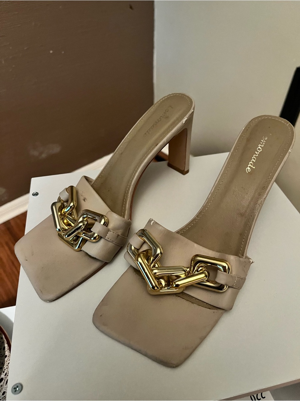 Women’s Nude Square-Toe Heeled Mules with Gold Chain